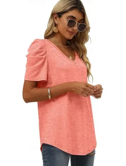 Outlet T shirt Tee Women's Black White Purple Plain Ruched Street Daily Fashion V Neck Regular Fit S Women T-Shirts