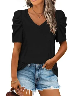 Outlet T shirt Tee Women's Black White Purple Plain Ruched Street Daily Fashion V Neck Regular Fit S Women T-Shirts
