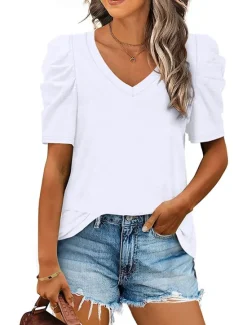 Outlet T shirt Tee Women's Black White Purple Plain Ruched Street Daily Fashion V Neck Regular Fit S Women T-Shirts