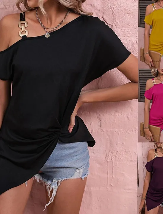 Sale T shirt Tee Women's Black Yellow Pink Solid Color Asymetric Hem Cold Shoulder Street Daily Fashion One Shoulder Regular Fit S Women Blouses & Shirts