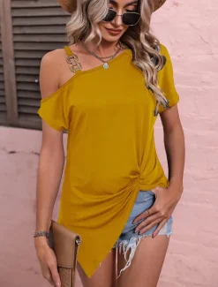 Sale T shirt Tee Women's Black Yellow Pink Solid Color Asymetric Hem Cold Shoulder Street Daily Fashion One Shoulder Regular Fit S Women Blouses & Shirts