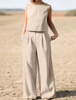 Outlet Tank Cotton Linen Shirts Set Women's Army Green Navy Blue Khaki Plain 2 Piece Wide Leg Street Daily Fashion Round Neck Regular Fit M Women Shirts