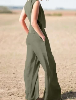 Outlet Tank Cotton Linen Shirts Set Women's Army Green Navy Blue Khaki Plain 2 Piece Wide Leg Street Daily Fashion Round Neck Regular Fit M Women Shirts