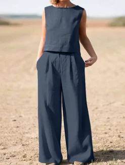 Outlet Tank Cotton Linen Shirts Set Women's Army Green Navy Blue Khaki Plain 2 Piece Wide Leg Street Daily Fashion Round Neck Regular Fit M Women Shirts