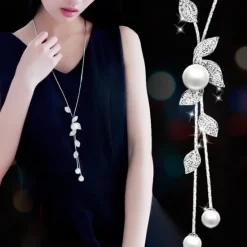 Online tassels long sweater chain necklace women fashion diamond leaves simple pearls necklace Women Trendy Jewelry