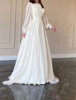 Best Thanksgiving Day Women's Normal Long Dress Maxi Dress Dress Chiffon Dress Swing Dress Elegant Formal Lantern Sleeve Wedding Guest Birthday Regular Fit Solid Color Long Sleeve Crew Neck Women White Dresses