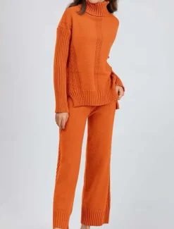 Outlet Turtleneck Sweater Co-ords Knitted Fall Winter Home Basic Casual Long Sleeve Solid Color Royal Blue Orange Women Sweater Co-Ords
