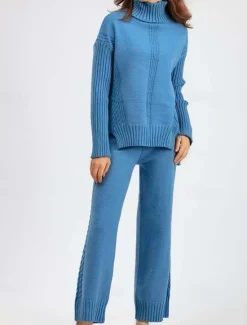 Outlet Turtleneck Sweater Co-ords Knitted Fall Winter Home Basic Casual Long Sleeve Solid Color Royal Blue Orange Women Sweater Co-Ords