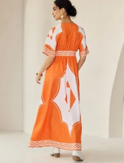 Hot V Neck Geometric Printing Bohemia Vacation Maxi Dress Women Casual Dress
