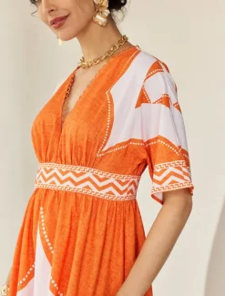 Hot V Neck Geometric Printing Bohemia Vacation Maxi Dress Women Casual Dress