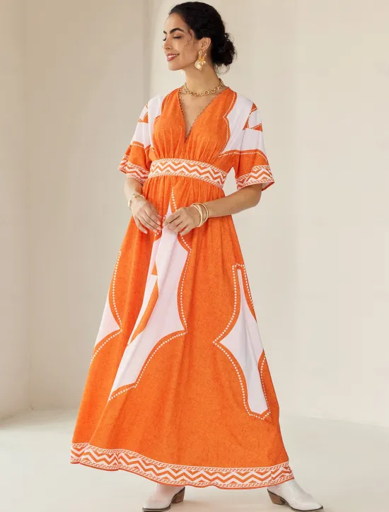 Hot V Neck Geometric Printing Bohemia Vacation Maxi Dress Women Casual Dress