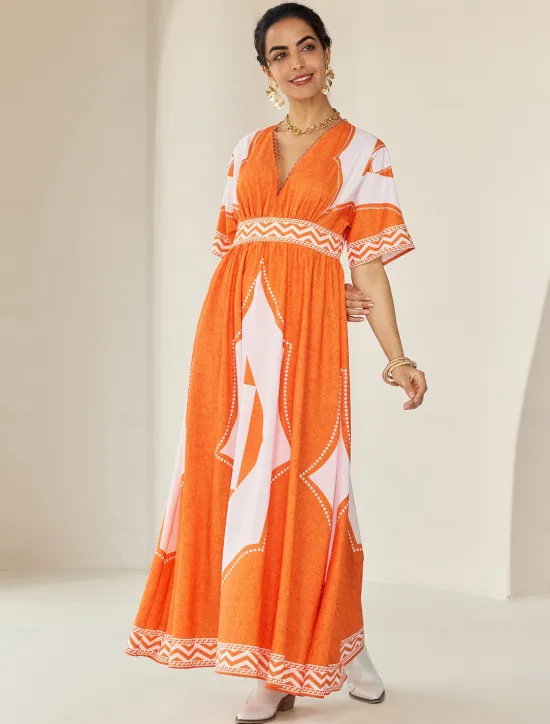 Hot V Neck Geometric Printing Bohemia Vacation Maxi Dress Women Casual Dress