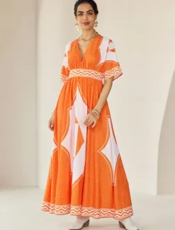 Hot V Neck Geometric Printing Bohemia Vacation Maxi Dress Women Casual Dress