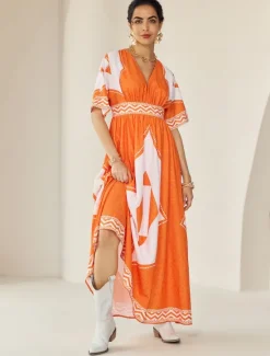 Hot V Neck Geometric Printing Bohemia Vacation Maxi Dress Women Casual Dress