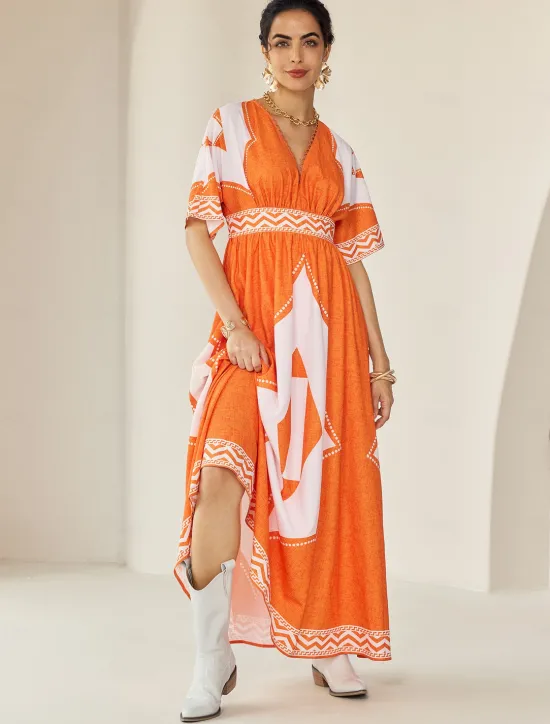 Hot V Neck Geometric Printing Bohemia Vacation Maxi Dress Women Casual Dress