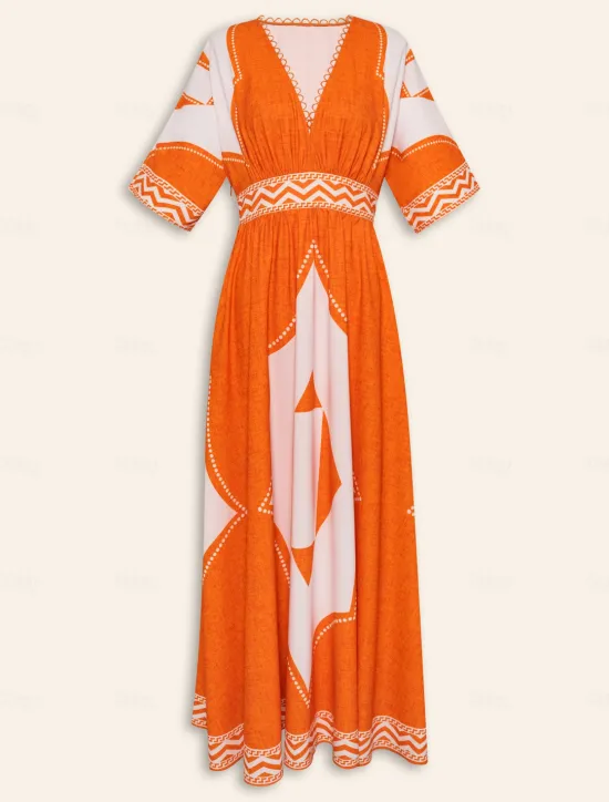 Hot V Neck Geometric Printing Bohemia Vacation Maxi Dress Women Casual Dress