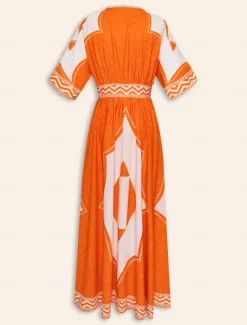 Hot V Neck Geometric Printing Bohemia Vacation Maxi Dress Women Casual Dress