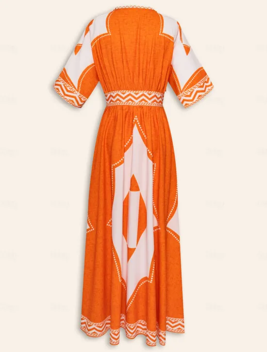 Hot V Neck Geometric Printing Bohemia Vacation Maxi Dress Women Casual Dress