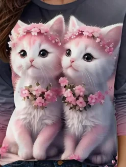 Valentine Women's Funny T Shirt Casual Floral Cat Regular Tops Print Regular Fit Daily Spring Fall Women T-Shirts