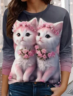 Valentine Women's Funny T Shirt Casual Floral Cat Regular Tops Print Regular Fit Daily Spring Fall Women T-Shirts