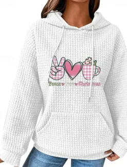 Discount Valentine Women's Heart Hoodie Sweatshirt Pullover Valentine's Day Casual Drawstring Print Front Pocket Active Sportswear Hooded Long Sleeve Top Micro-elastic Women Hoodies & Sweatshirts