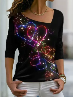 Discount Valentine Women's Heart T Shirt Cute Tee Regular Tops Long Sleeve V Neck Print Regular Fit Daily Weekend Fall & Winter Women T-Shirts