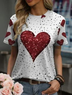 Discount Valentine Women's Heart T Shirt Casual Regular Tops Short Sleeve Round Neck Print Regular Fit Valentine's Day Daily Summer Women T-Shirts