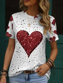 Discount Valentine Women's Heart T Shirt Casual Regular Tops Short Sleeve Round Neck Print Regular Fit Valentine's Day Daily Summer Women T-Shirts