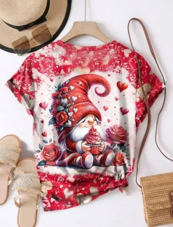 Hot Valentine Women's Heart T Shirt Cute Tee Regular Tops Short Sleeve Round Neck Print Regular Fit Daily Summer Women T-Shirts