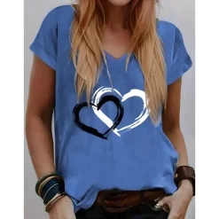 Valentine Women's Heart T Shirt Basic Regular Tops Short Sleeve V Neck Print Regular Fit Valentine Weekend Red Blue Purple Green Gray Women T-Shirts