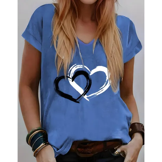 Valentine Women's Heart T Shirt Basic Regular Tops Short Sleeve V Neck Print Regular Fit Valentine Weekend Red Blue Purple Green Gray Women T-Shirts