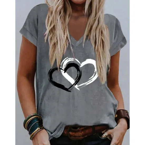Valentine Women's Heart T Shirt Basic Regular Tops Short Sleeve V Neck Print Regular Fit Valentine Weekend Red Blue Purple Green Gray Women T-Shirts