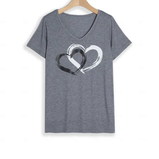 Valentine Women's Heart T Shirt Basic Regular Tops Short Sleeve V Neck Print Regular Fit Valentine Weekend Red Blue Purple Green Gray Women T-Shirts