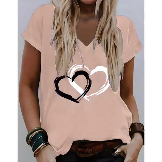 Valentine Women's Heart T Shirt Basic Regular Tops Short Sleeve V Neck Print Regular Fit Valentine Weekend Red Blue Purple Green Gray Women T-Shirts