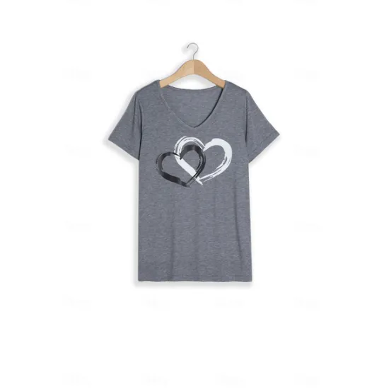 Valentine Women's Heart T Shirt Basic Regular Tops Short Sleeve V Neck Print Regular Fit Valentine Weekend Red Blue Purple Green Gray Women T-Shirts