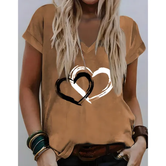 Valentine Women's Heart T Shirt Basic Regular Tops Short Sleeve V Neck Print Regular Fit Valentine Weekend Red Blue Purple Green Gray Women T-Shirts