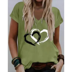 Valentine Women's Heart T Shirt Basic Regular Tops Short Sleeve V Neck Print Regular Fit Valentine Weekend Red Blue Purple Green Gray Women T-Shirts