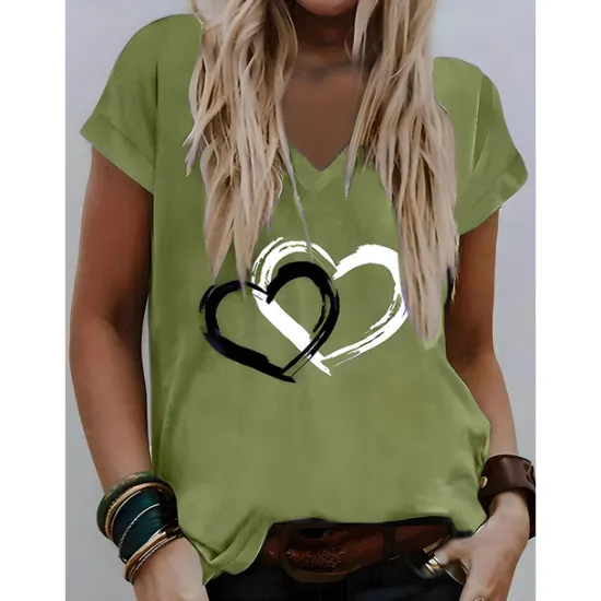 Valentine Women's Heart T Shirt Basic Regular Tops Short Sleeve V Neck Print Regular Fit Valentine Weekend Red Blue Purple Green Gray Women T-Shirts