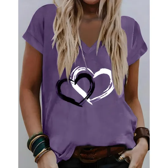 Valentine Women's Heart T Shirt Basic Regular Tops Short Sleeve V Neck Print Regular Fit Valentine Weekend Red Blue Purple Green Gray Women T-Shirts
