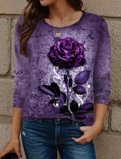 Sale Valentine Women's Rose T Shirt Cute Rose Floral Regular Tops Print Regular Fit Daily Weekend Black Blue Purple Orange Rose Pink Fall Winter Prefall Women T-Shirts