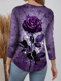 Sale Valentine Women's Rose T Shirt Cute Rose Floral Regular Tops Print Regular Fit Daily Weekend Black Blue Purple Orange Rose Pink Fall Winter Prefall Women T-Shirts