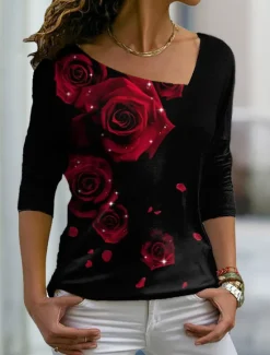 Sale Valentine Women's Rose T Shirt Cute Floral Graphic Regular Tops Long Sleeve V Neck Print Regular Fit Casual Daily Holiday Red Blue Purple Green Fall & Winter Prefall Women T-Shirts