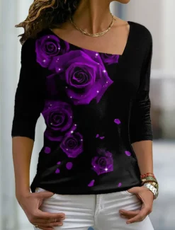 Sale Valentine Women's Rose T Shirt Cute Floral Graphic Regular Tops Long Sleeve V Neck Print Regular Fit Casual Daily Holiday Red Blue Purple Green Fall & Winter Prefall Women T-Shirts