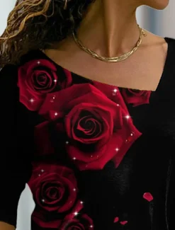 Sale Valentine Women's Rose T Shirt Cute Floral Graphic Regular Tops Long Sleeve V Neck Print Regular Fit Casual Daily Holiday Red Blue Purple Green Fall & Winter Prefall Women T-Shirts