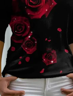 Sale Valentine Women's Rose T Shirt Cute Floral Graphic Regular Tops Long Sleeve V Neck Print Regular Fit Casual Daily Holiday Red Blue Purple Green Fall & Winter Prefall Women T-Shirts