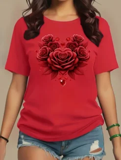 Outlet Valentine Women's T Shirt Cute Rose Regular Tops Short Sleeve Round Neck Print Regular Fit Daily Wine Purple Summer Women Spring Tops
