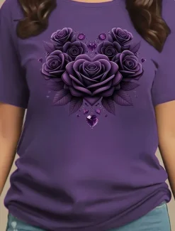 Outlet Valentine Women's T Shirt Cute Rose Regular Tops Short Sleeve Round Neck Print Regular Fit Daily Wine Purple Summer Women Spring Tops
