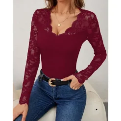Outlet Valentine's Day Women's Blouse Solid Color Elegant Daily Stylish Long Sleeve V Neck Regular Tops Work Daily Holiday Lace Black Wine Green Spring Fall Winter Women Lace Tops