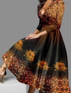 Outlet Valentine's Day Women's Midi Dress Casual Dress Winter Dress Swing Dress Semi Formal Dress Streetwear A Line Formal Vacation Party Regular Fit Floral 3/4 Length Sleeve V Neck Yellow Red Blue Purple Women Cocktail Dress