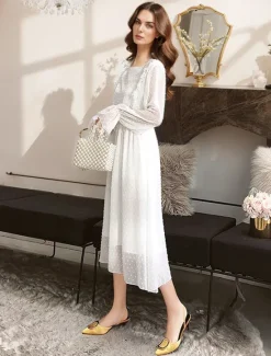 Best Valentine's Day Women's Midi Dress Dress Chiffon Dress Elegant Vintage Lantern Sleeve Vacation Work Casual Form Fit Polka Dot Long Sleeve Crew Neck Spring Fall Women White Dresses
